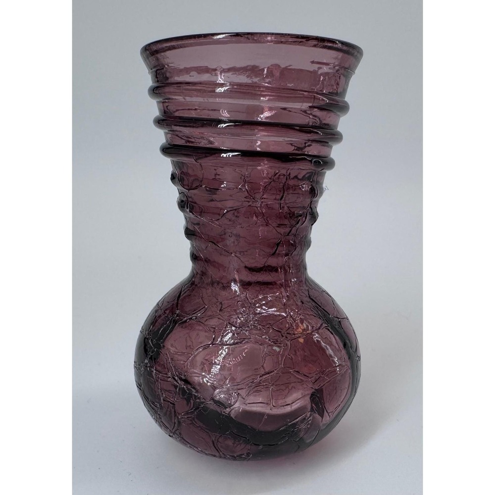 Vintage Purple Crackle Glass Vase Blenko Pilgrim Style Ribbed Neck Art Glass